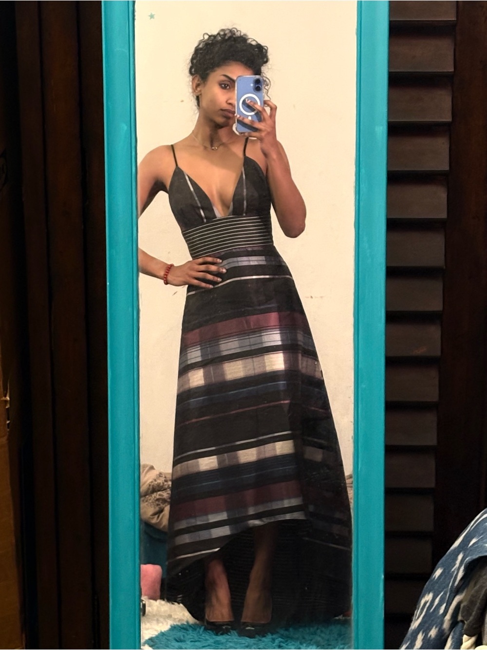 ABS Allen Schwartz Black Striped High-Low Maxi Dress